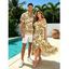 Hawaiian Vacation Couple Outfit Autumn Leaf Berry Vine Print Self-belt Cold Shoulder High Low Dress and Shirt Set - Brun Doré S | US 4