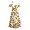 Hawaiian Vacation Couple Outfit Autumn Leaf Berry Vine Print Self-belt Cold Shoulder High Low Dress and Shirt Set - Brun Doré S | US 4