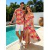 Hawaiian Vacation Couple Outfit Tropical Palm Leaf Print Self-belt Cold Shoulder High Low Dress and Shirt Set - orange clair S | US 4