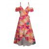 Hawaiian Vacation Couple Outfit Tropical Palm Leaf Print Self-belt Cold Shoulder High Low Dress and Shirt Set - orange clair S | US 4