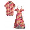 Hawaiian Vacation Couple Outfit Tropical Palm Leaf Print Self-belt Cold Shoulder High Low Dress and Shirt Set - orange clair S | US 4