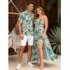 Hawaiian Vacation Couple Outfit Tropical Flower Leaf Print Lace Hollow Out Spaghetti Strap Slit Dress and Shirt Set - Turquoise S | US 4