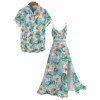 Hawaiian Vacation Couple Outfit Tropical Flower Leaf Print Lace Hollow Out Spaghetti Strap Slit Dress and Shirt Set - Turquoise S | US 4