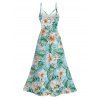 Hawaiian Vacation Couple Outfit Tropical Flower Leaf Print Lace Hollow Out Spaghetti Strap Slit Dress and Shirt Set - Turquoise S | US 4