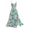 Hawaiian Vacation Couple Outfit Tropical Flower Leaf Print Lace Hollow Out Spaghetti Strap Slit Dress and Shirt Set - Turquoise S | US 4