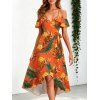 Hawaiian Vacation Dress Tropical Flower Leaf Print Self-belt Cold Shoulder High Low Wrap Dress - Orange vif XXXXXL | US 20