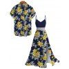 Hawaiian Vacation Couple Outfit Plumeria Floral Leaf Print Lace Hollow Out Slit Dress and Shirt Set - Bleu de Minuit S | US 4