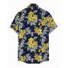 Hawaiian Vacation Couple Outfit Plumeria Floral Leaf Print Lace Hollow Out Slit Dress and Shirt Set - Bleu de Minuit S | US 4