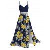 Hawaiian Vacation Couple Outfit Plumeria Floral Leaf Print Lace Hollow Out Slit Dress and Shirt Set - Bleu de Minuit S | US 4