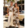 Hawaiian Vacation Couple Outfit Coconut Tree Geometric Print Pocket Off the Shoulder Jumpsuit and Shirt Set - café S | US 4