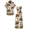 Hawaiian Vacation Couple Outfit Coconut Tree Geometric Print Pocket Off the Shoulder Jumpsuit and Shirt Set - café S | US 4