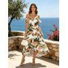 Vacation Dress Tropical Hibiscus Floral Leaf Print Self-belt Cold Shoulder High Low Wrap Dress - Vert XXL | US 14