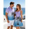 Vacation Couple Outfit Ombre Coconut Tree Print Ruched Bust Dress and Shirt Shorts Set - violet lilas S | US 4