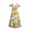 Hawaiian Vacation Dress Autumn Leaf Berry Vine Print Surplice Self-belt Cold Shoulder High Low Dress - Brun Doré XXXXXL | US 20