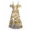 Hawaiian Vacation Dress Autumn Leaf Berry Vine Print Surplice Self-belt Cold Shoulder High Low Dress - Brun Doré XXXXXL | US 20
