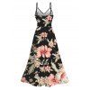 Hawaiian Vacation Dress Hibiscus Flower Leaf Print Lace Hollow Out Spaghetti Strap Slit Dress - Noir XXXXXL | US 20