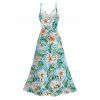 Hawaiian Vacation Dress Tropical Flower Leaf Print Lace Hollow Out Spaghetti Strap Slit Dress - Turquoise XXXXXL | US 20