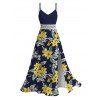 Hawaiian Vacation Dress Plumeria Floral Leaf Print Lace Hollow Out Spaghetti Strap Slit Dress - Bleu de Minuit XXXXXL | US 20