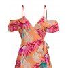 Hawaiian Vacation Dress Tropical Colored Palm Leaf Print Self-belt Cold Shoulder High Low Wrap Dress - orange clair XXXXXL | US 20
