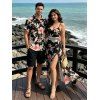 Hawaiian Vacation Couple Outfit Hibiscus Flower Leaf Print Lace Hollow Out Slit Dress and Shirt Set - Noir S | US 4