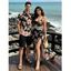 Hawaiian Vacation Couple Outfit Hibiscus Flower Leaf Print Lace Hollow Out Slit Dress and Shirt Set - Noir S | US 4