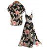 Hawaiian Vacation Couple Outfit Hibiscus Flower Leaf Print Lace Hollow Out Slit Dress and Shirt Set - Noir S | US 4