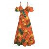 Hawaiian Vacation Couple Outfit Tropical Flower Leaf Print Self-belt Cold Shoulder High Low Dress and Shirt Set - Orange vif S | US 4