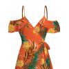 Hawaiian Vacation Couple Outfit Tropical Flower Leaf Print Self-belt Cold Shoulder High Low Dress and Shirt Set - Orange vif S | US 4