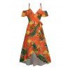 Hawaiian Vacation Couple Outfit Tropical Flower Leaf Print Self-belt Cold Shoulder High Low Dress and Shirt Set - Orange vif S | US 4