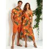 Hawaiian Vacation Couple Outfit Tropical Flower Leaf Print Self-belt Cold Shoulder High Low Dress and Shirt Set - Orange vif S | US 4