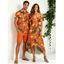 Hawaiian Vacation Couple Outfit Tropical Flower Leaf Print Self-belt Cold Shoulder High Low Dress and Shirt Set - Orange vif S | US 4