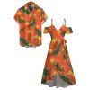 Hawaiian Vacation Couple Outfit Tropical Flower Leaf Print Self-belt Cold Shoulder High Low Dress and Shirt Set - Orange vif S | US 4
