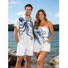 Hawaiian Vacation Couple Outfit Octopus Marine Life Print Pocket Off the Shoulder Romper and Shirt Set - Blanc S | US 4