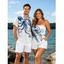 Hawaiian Vacation Couple Outfit Octopus Marine Life Print Pocket Off the Shoulder Romper and Shirt Set - Blanc S | US 4