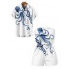 Hawaiian Vacation Couple Outfit Octopus Marine Life Print Pocket Off the Shoulder Romper and Shirt Set - Blanc S | US 4