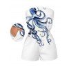 Hawaiian Vacation Couple Outfit Octopus Marine Life Print Pocket Off the Shoulder Romper and Shirt Set - Blanc S | US 4