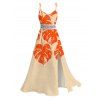 Hawaiian Vacation Dress Monstera Leaf Print Lace Hollow Out Spaghetti Strap Slit Dress - Orange XXXXXL | US 20