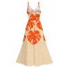 Hawaiian Vacation Dress Monstera Leaf Print Lace Hollow Out Spaghetti Strap Slit Dress - Orange XXXXXL | US 20