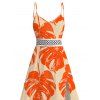 Hawaiian Vacation Dress Monstera Leaf Print Lace Hollow Out Spaghetti Strap Slit Dress - Orange XXXXXL | US 20