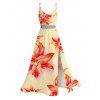 Vacation Dress Watercolor Lily Floral Print Lace Hollow Out Spaghetti Strap Slit Dress - Orange XXXXXL | US 20