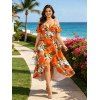Beach Vacation Dress Tropical Floral Palm Leaf Print Self-belt Cold Shoulder High Low Wrap Dress - Orange XXL | US 14