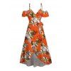 Beach Vacation Dress Tropical Floral Palm Leaf Print Self-belt Cold Shoulder High Low Wrap Dress - Orange XXL | US 14