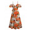 Beach Vacation Couple Outfit Tropical Floral Palm Leaf Print Self-belt Cold Shoulder High Low Wrap Dress and Shirt Set - Orange S | US 4