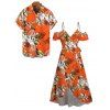 Beach Vacation Couple Outfit Tropical Floral Palm Leaf Print Self-belt Cold Shoulder High Low Wrap Dress and Shirt Set - Orange S | US 4