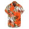 Beach Vacation Couple Outfit Tropical Floral Palm Leaf Print Self-belt Cold Shoulder High Low Wrap Dress and Shirt Set - Orange S | US 4