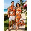 Beach Vacation Couple Outfit Tropical Floral Palm Leaf Print Self-belt Cold Shoulder High Low Wrap Dress and Shirt Set - Orange S | US 4