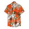 Beach Vacation Couple Outfit Tropical Floral Palm Leaf Print Self-belt Cold Shoulder High Low Wrap Dress and Shirt Set - Orange S | US 4