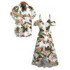 Vacation Couple Outfit Tropical Hibiscus Floral Leaf Print Self-belt Cold Shoulder High Low Wrap Dress and Shirt Set - Vert S | US 4