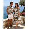 Vacation Couple Outfit Tropical Hibiscus Floral Leaf Print Self-belt Cold Shoulder High Low Wrap Dress and Shirt Set - Vert S | US 4