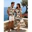 Vacation Couple Outfit Tropical Hibiscus Floral Leaf Print Self-belt Cold Shoulder High Low Wrap Dress and Shirt Set - Vert S | US 4